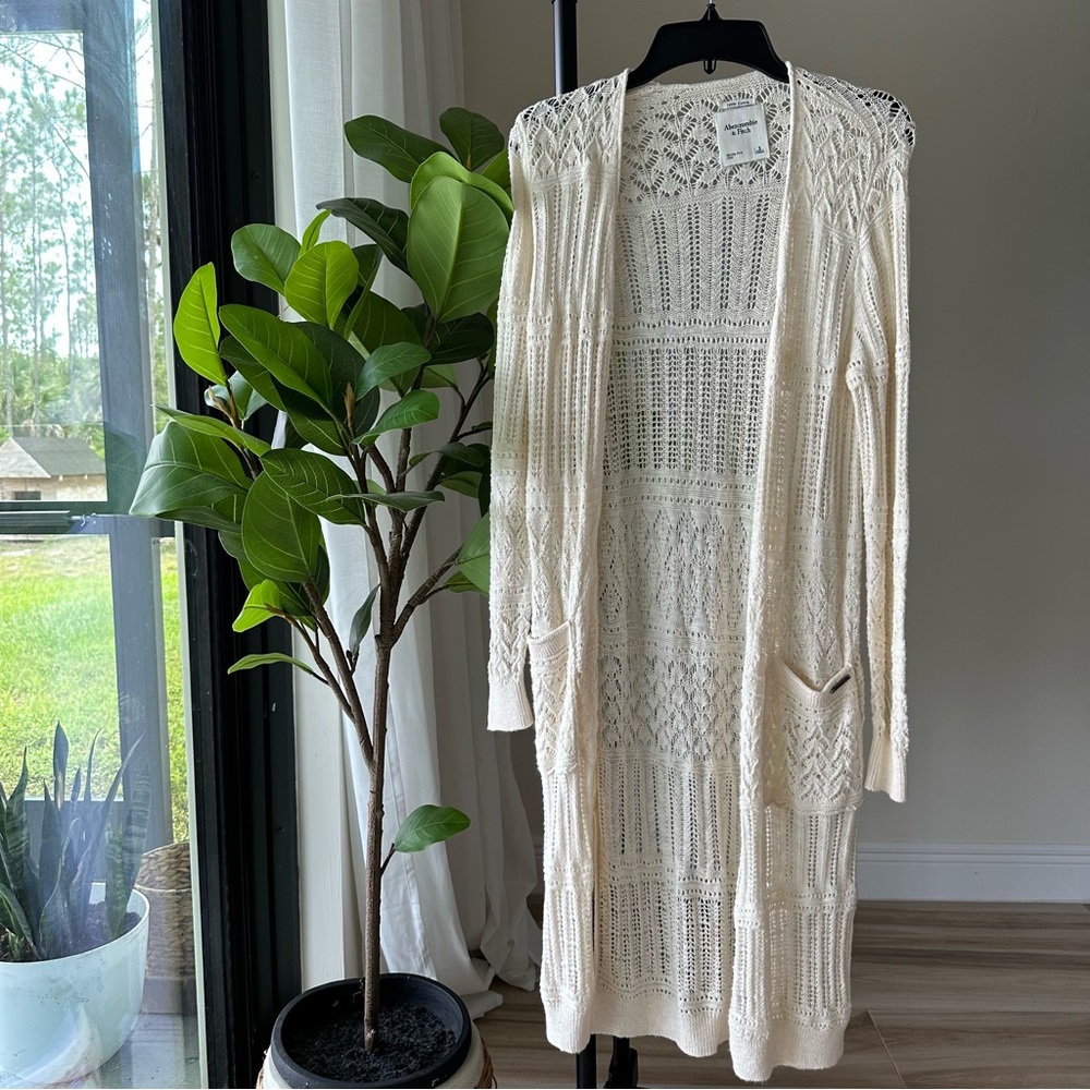 Ivory Crochet Long Cardigan